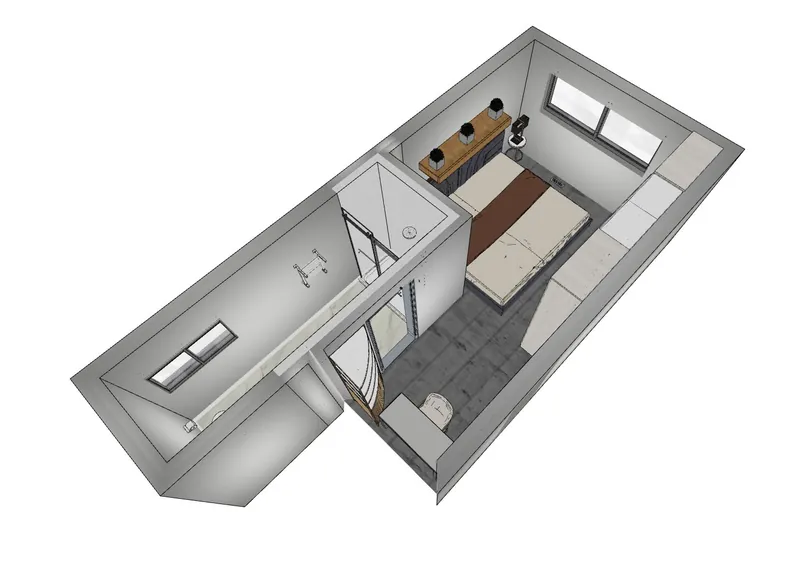 Render showing the bedroom storage wall